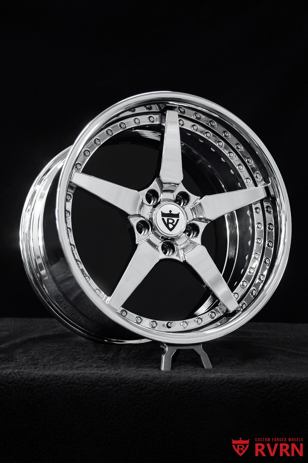 Front RV-DF14 forged wheel for the Corvette C6 Grand Sport, showing the 5-spoke deep dish design in all chrome with 18x9.5 fitment