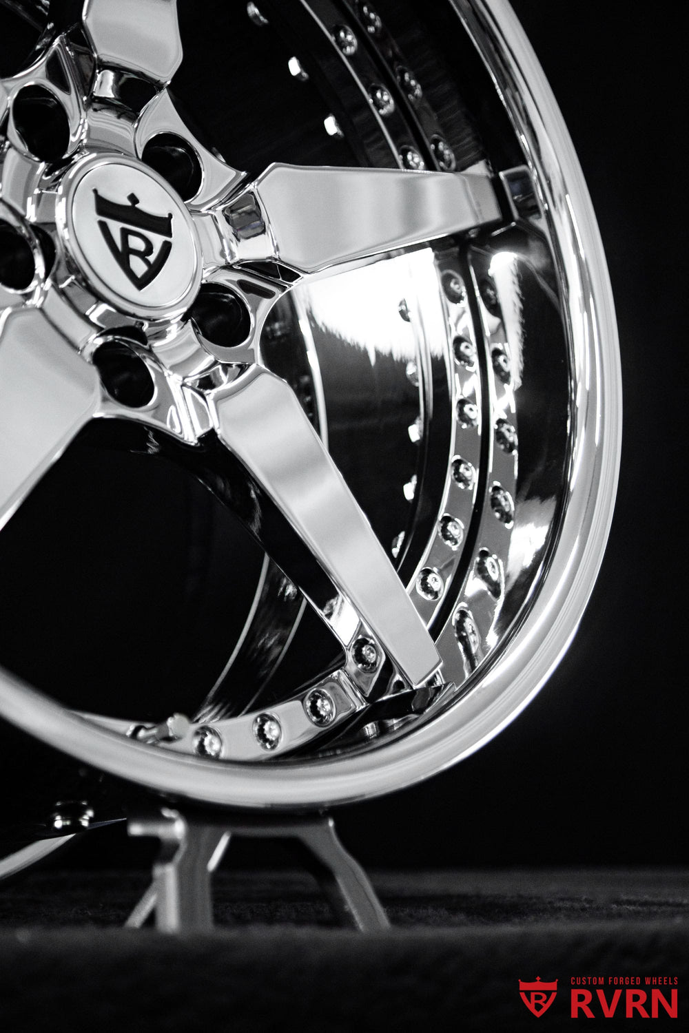 RVRN RV-DF14 Corvette C6 Grand Sport forged wheels in all chrome with 5-spoke deep dish design, 18x9.5 front and 19x12 rear