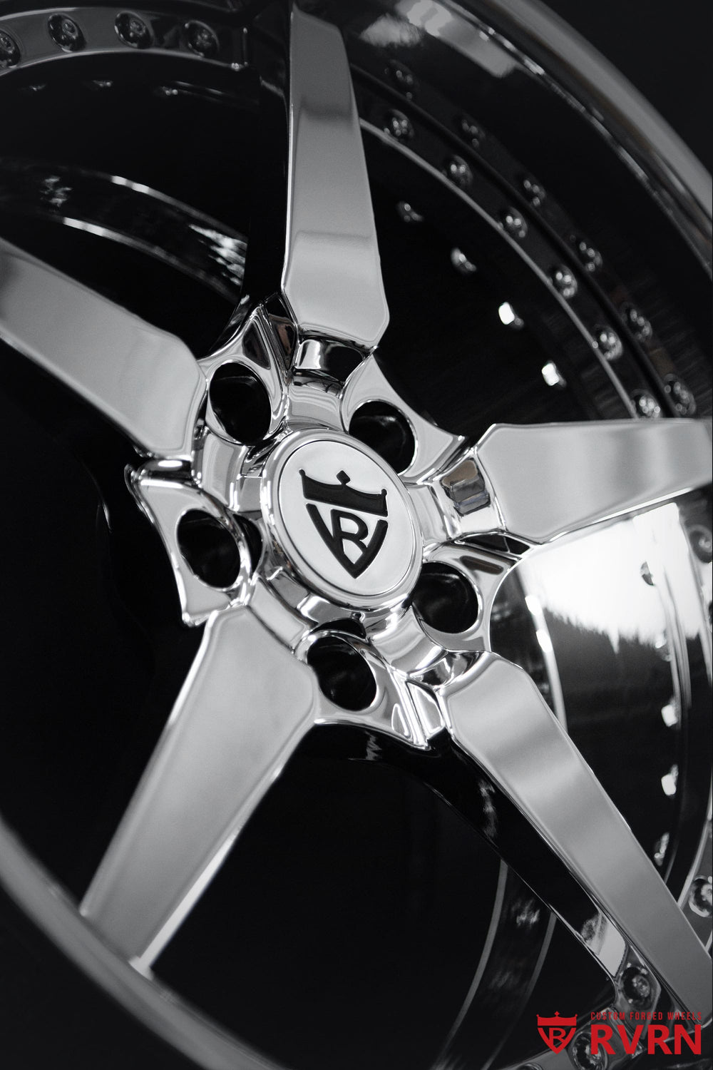 Rear RV-DF14 forged wheel for the Corvette C6 Grand Sport, featuring a deep dish 5-spoke profile in all chrome with 19x12 fitment
