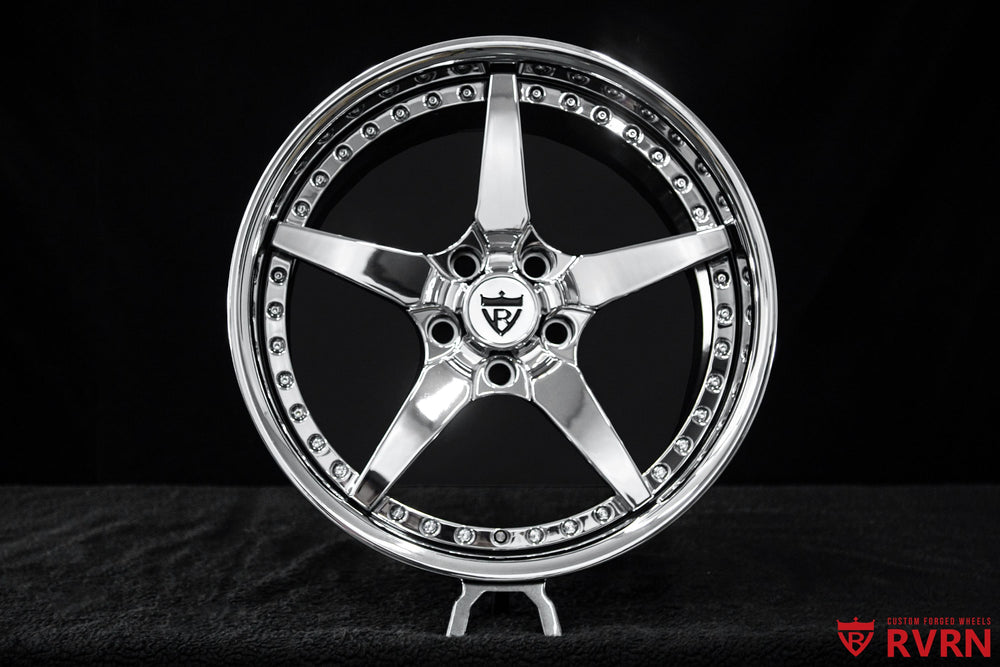 Custom Corvette C6 deep dish forged wheels featuring the RV-DF14 5-spoke design and all-chrome finish, 18x9.5 front and 19x12 rear