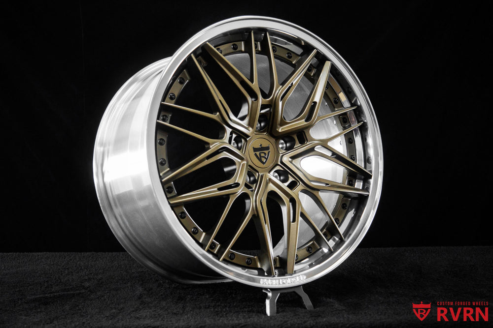 2012 Porsche 911 Carrera S equipped with custom Porsche 911 forged wheels featuring RV-T081 2-piece construction, matte bronze finish and polished aluminum barrel design.