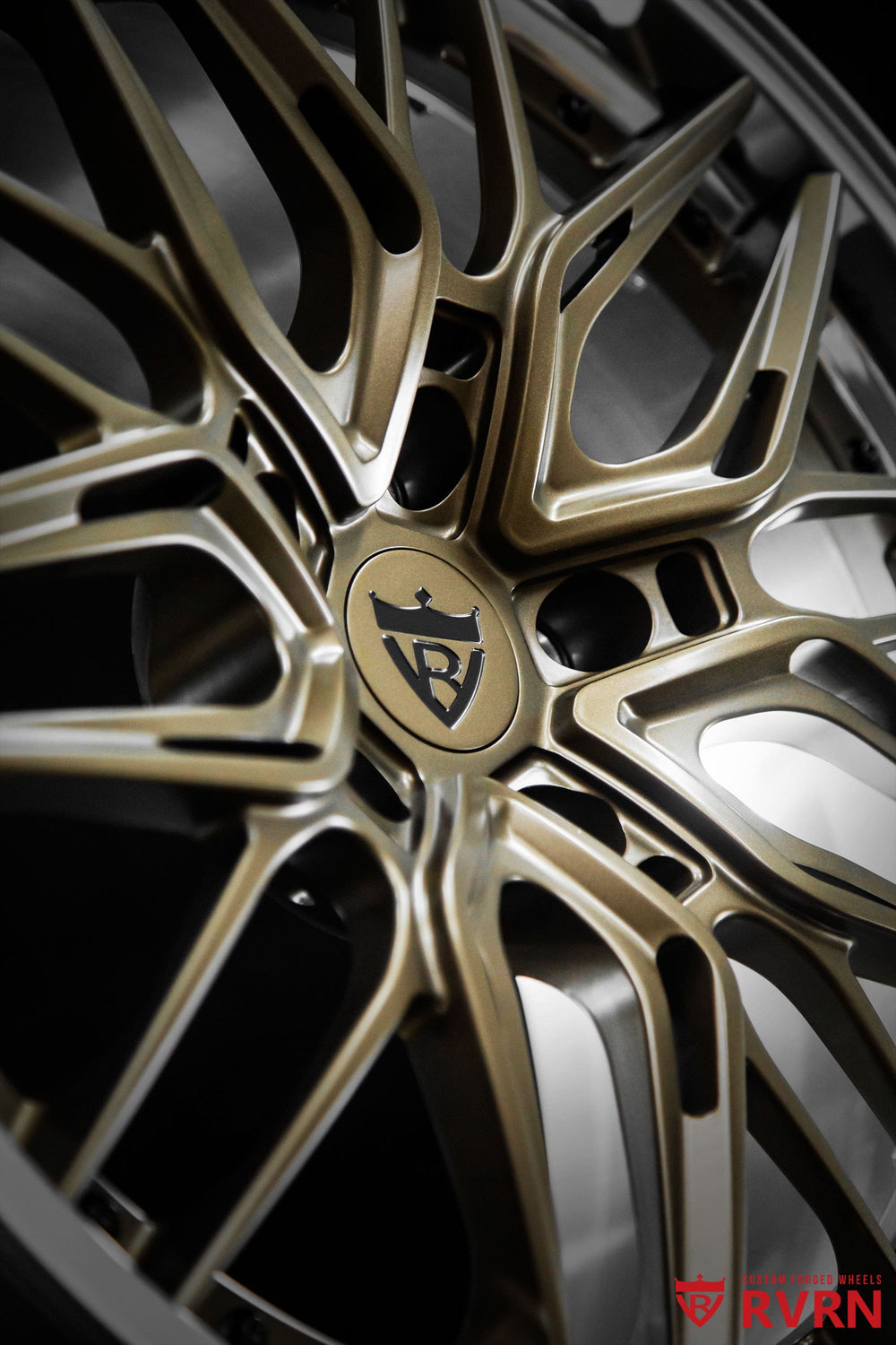 Front view of a 2012 Porsche 911 Carrera S on RVRN RV-T081 2-piece forged wheels with polished aluminum barrel and matte bronze spokes, 20x9 front and 21x11.5 rear.
