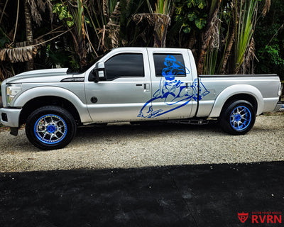 2012 Ford F250 Super Duty on RVRN RV-DR08D 2-piece deep lip custom forged wheels, side profile showing the Polished Aluminum spokes and Blue Chrome barrels.