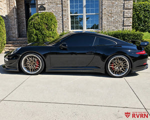 Side profile of a black 2012 Porsche 911 Carrera S showing RVRN RV-T081 forged wheels in 20x9 front and 21x11.5 rear staggered fitment.