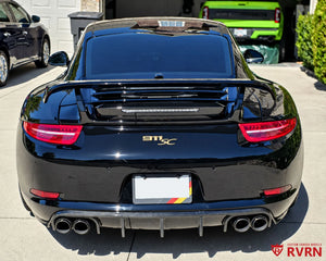 Rear view of a 2012 Porsche 911 Carrera S with a carbon fiber diffuser and RVRN RV-T081 forged wheels.