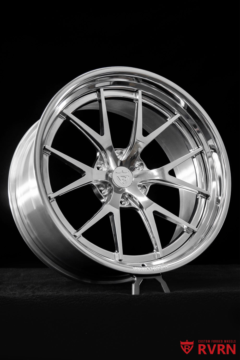 Front view of a 2013 Cadillac Escalade on RVRN RV-DC23 Y spoke custom forged wheels in polished aluminum finish, 22x10 front and rear fitment.