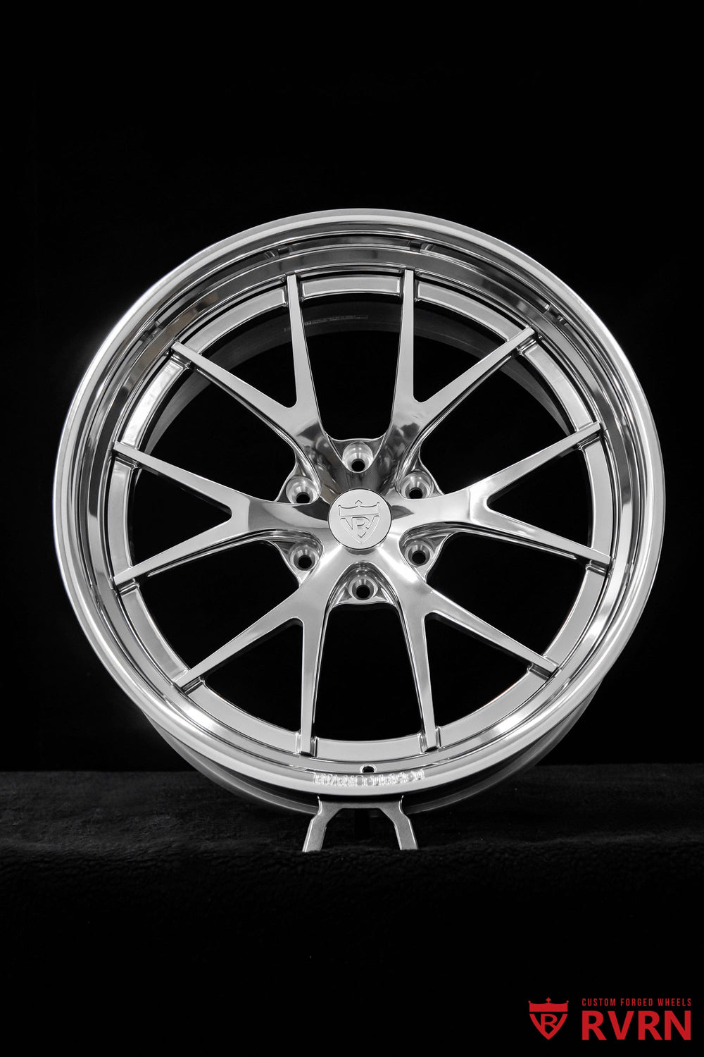 Detailed view of Cadillac Escalade RV-DC23 2-piece forged wheels with a precision Y spoke design and polished aluminum surface.
