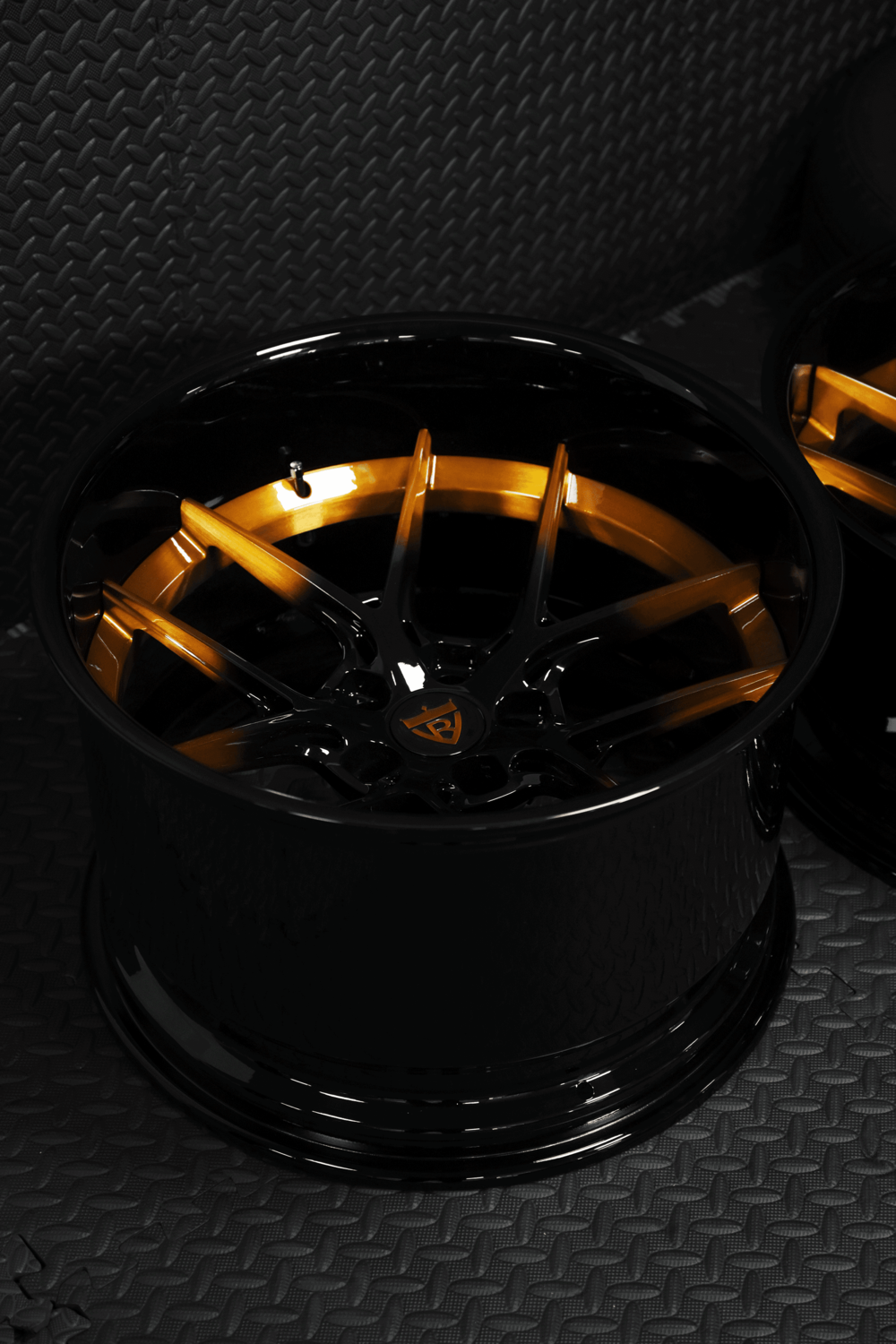 2013 Dodge Challenger copper black custom forged RVRN wheels on diamond plate background