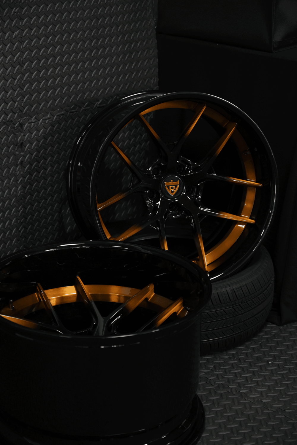 2013 Dodge Challenger copper black custom forged RVRN wheels on dark background