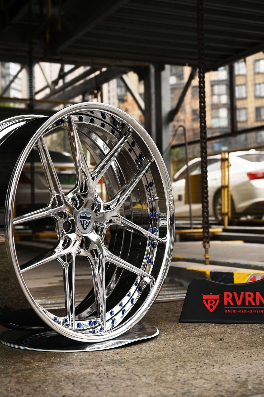 2013 Dodge Charger R/T wheels custom blue and chrome deep dish rims RV-DR08D side view.