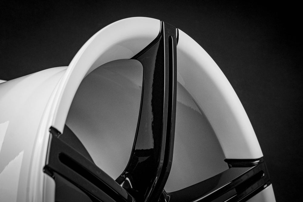 	Closeup showing design elements of forged 5 spoke wheel