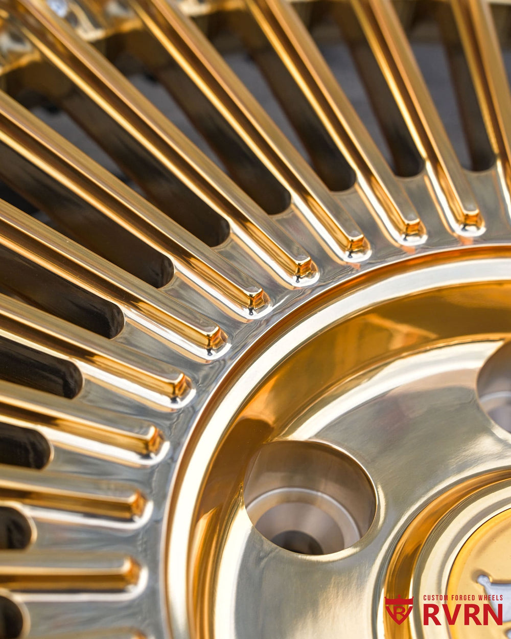 Chrome screws detail on 20x10 RV-DM05 forged wheel polished gold truck setup