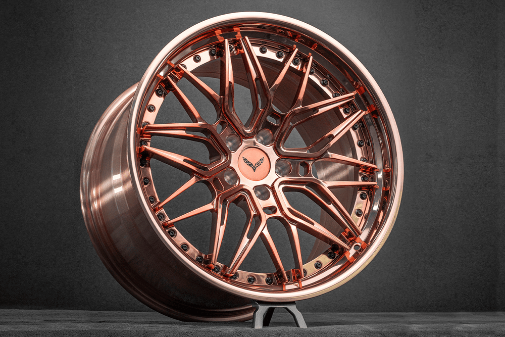 Polished Rose Gold multi-spoke RVRN RV-C081 forged wheel in the studio, custom wheels for the 2014 Corvette C7 Stingray Widebody