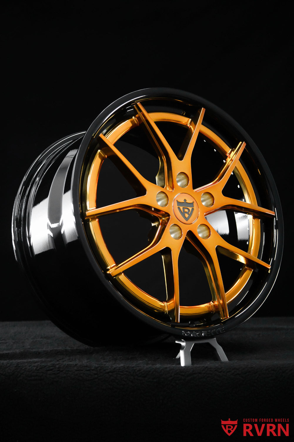 RVRN RV-DC24 Y-spoke wheels for the 2014 C7 Corvette Stingray, featuring polished bronze spokes and a gloss black barrel in custom 18x8.5 and 19x10 sizing