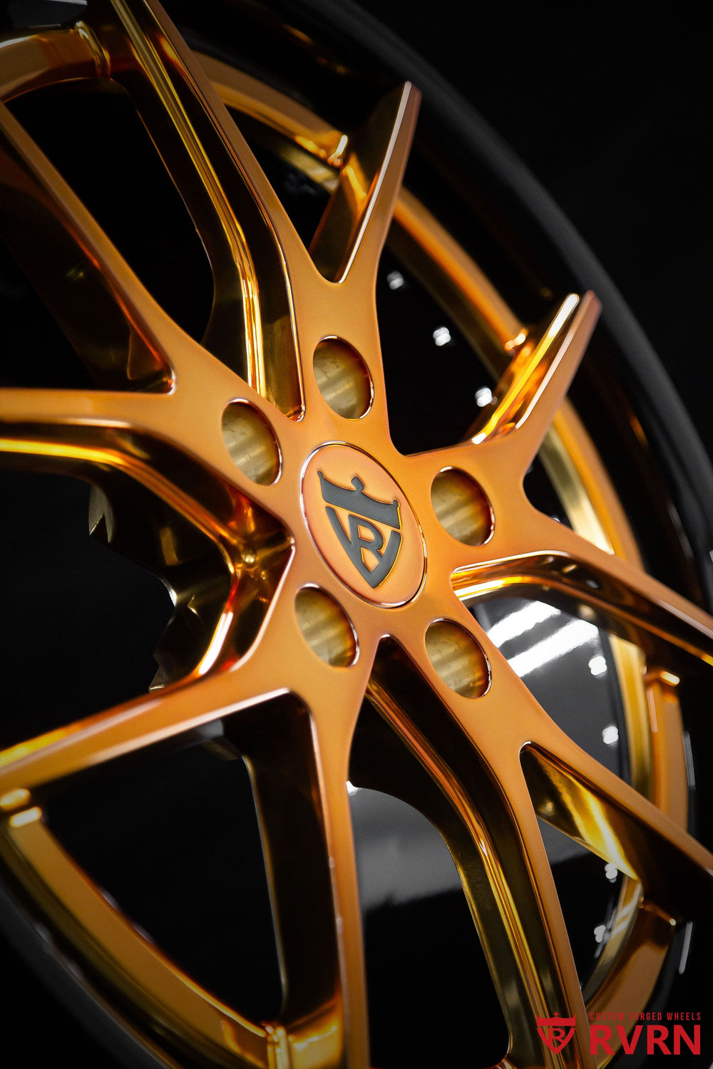 RVRN RV-DC24 Corvette C7 wheels with Y-spoke two-piece forged design, gloss black barrel and polished bronze spokes, 18x8.5 front and 19x10 rear