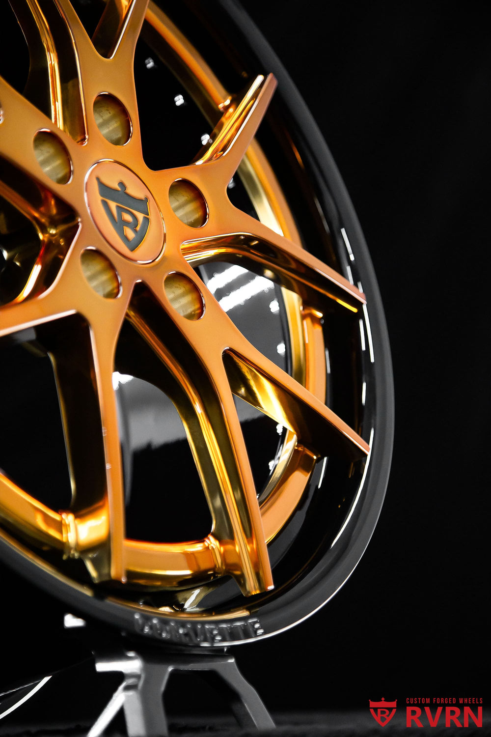 2014 Corvette C7 Stingray on RVRN RV-DC24 custom forged wheels with Y-spoke design, gloss black barrel and polished bronze spokes, 18x8.5 and 19x10