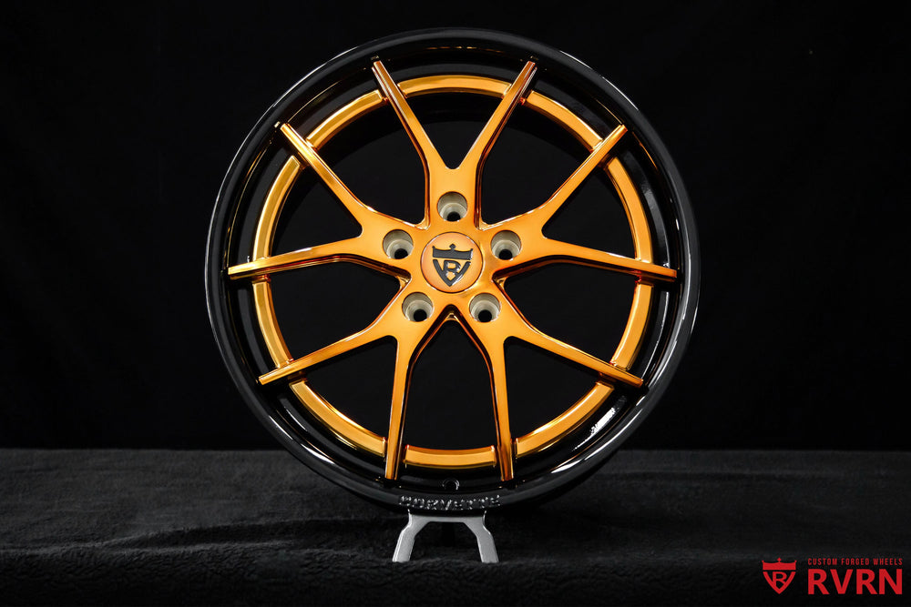 RVRN Corvette C7 gloss black wheels with polished bronze Y-spokes, custom two-piece forged construction and 18x8.5 front, 19x10 rear fitment