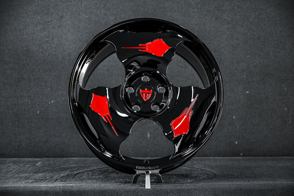 Gloss black RVRN RV-MC20 forged wheel with red spoke accents and Stingray emblem, 2014 Corvette C7 Z51