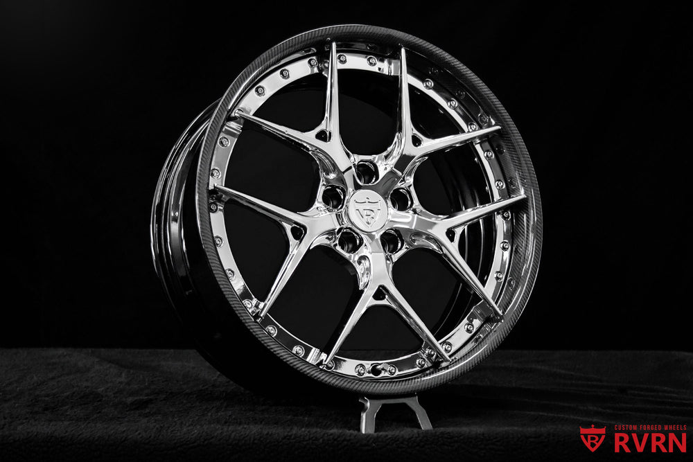 RVRN RV-DR08D Dodge Challenger rims with Y-spoke two-piece forged design, 20x9 fitment