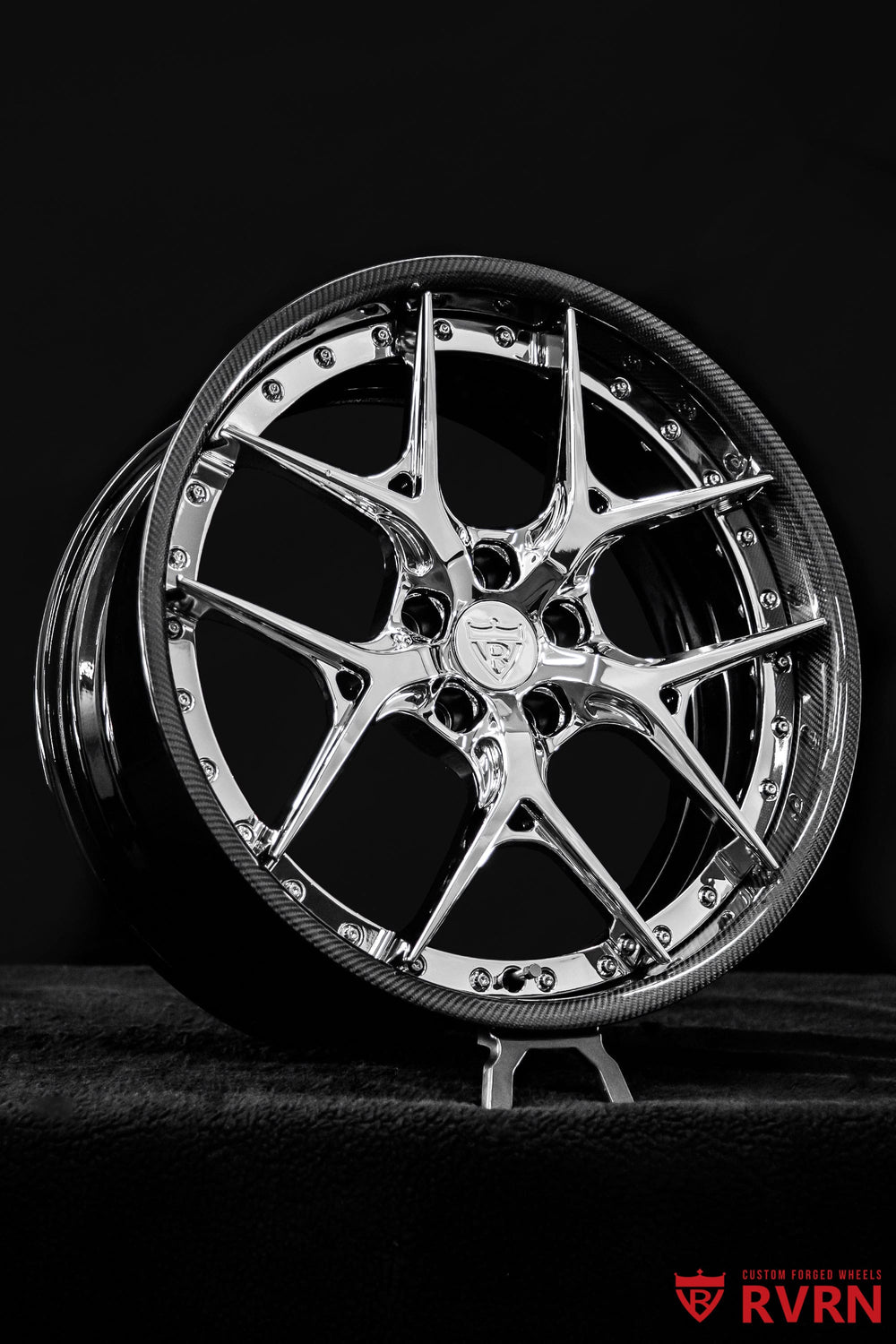 Close-up of RVRN RV-DR08D Dodge Challenger rims featuring a carbon fiber wrapped lip and 20x9 Y-spoke design
