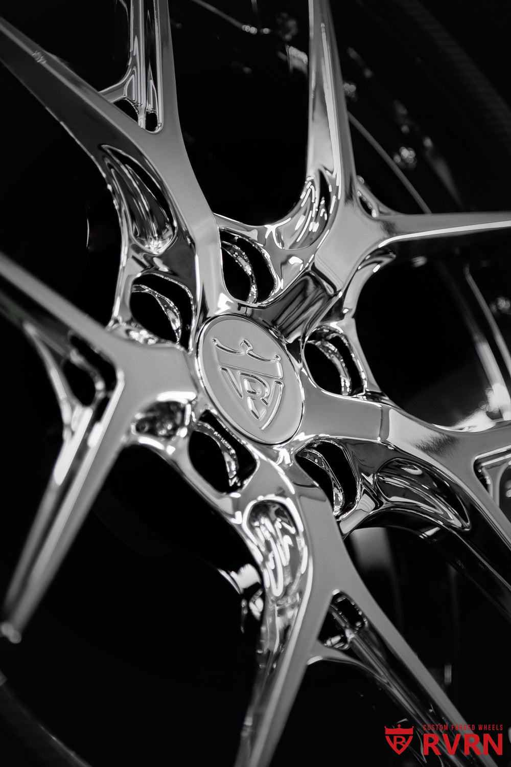 RVRN Dodge Challenger chrome wheels with Y-spoke forged design, gloss black barrel and 20x9 fitment
