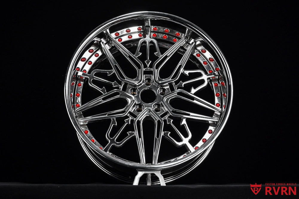22x11 rear deep-lip RM-01 chrome wheel for Campagna T-Rex staggered setup.