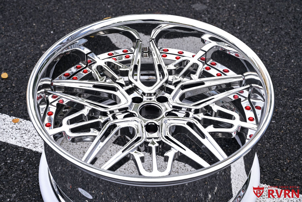 Side profile of custom 2-piece RM-01 chrome wheel with deep lip for Campagna T-Rex, showcasing perfect no-poke fitment.