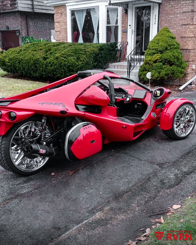 Chrome wheel detail view on a 2014 Campagna T-Rex 16S with RVRN RM-01 deep dish custom forged wheels.
