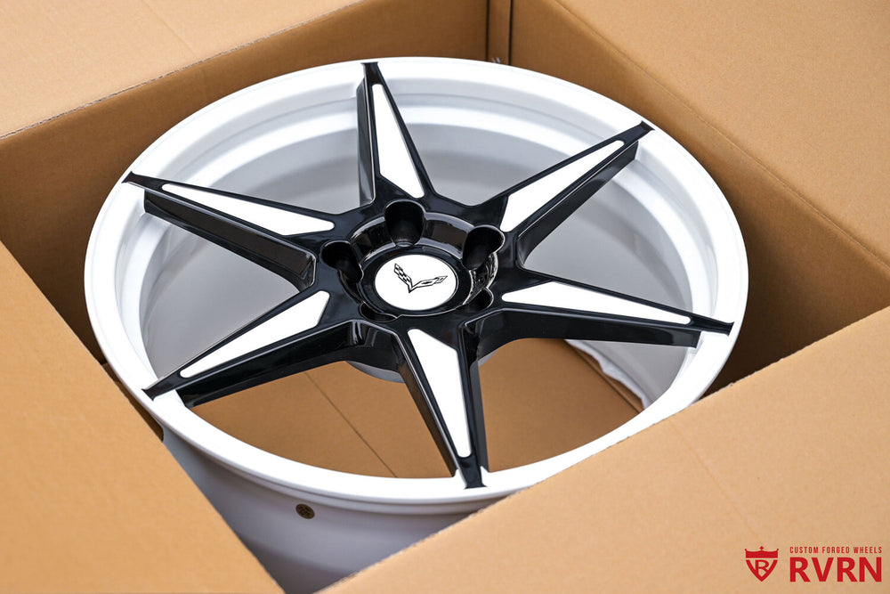 Ivory white and black forged wheels on Corvette C7 side angle