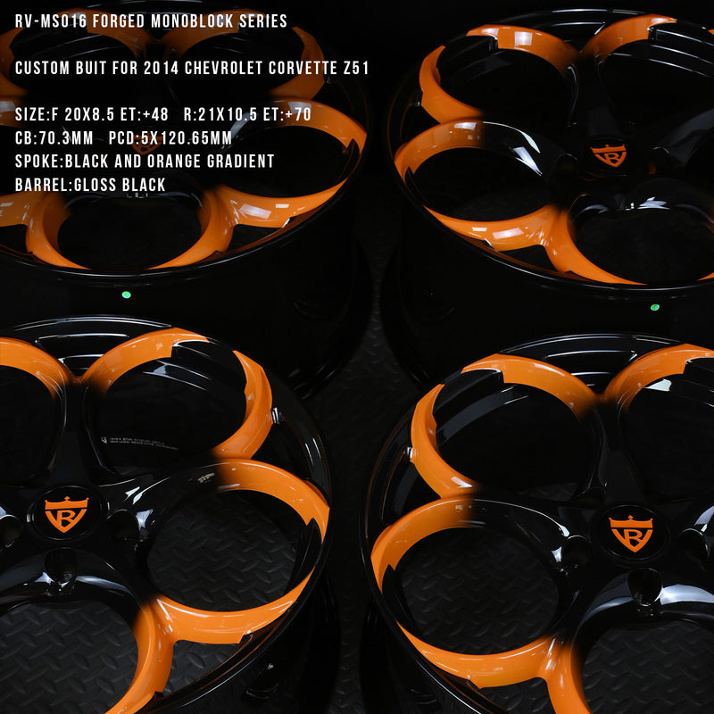 2014 Corvette C7 on RVRN RV-MS016 forged wheels in Black and Orange Gradient Spoke with Gloss Black Barrel (photo 02)