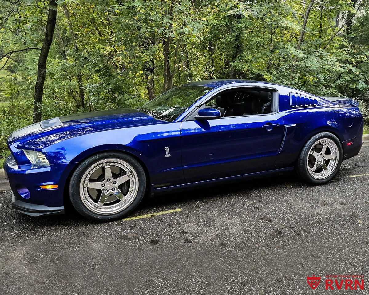 2014 Ford Shelby GT500 on RVRN RV-DF15 2-piece forged wheels in full chrome, side view showing the staggered 20x9.5 front and 20x10.5 rear fitment.