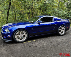 2014 Ford Shelby GT500 on RVRN RV-DF15 2-piece forged wheels in full chrome, side view showing the staggered 20x9.5 front and 20x10.5 rear fitment.
