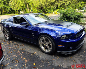 2014 Ford Shelby GT500 on RVRN RV-DF15 chrome deep lip forged wheels, front three-quarter view with the step lip and 5-spoke face in view.