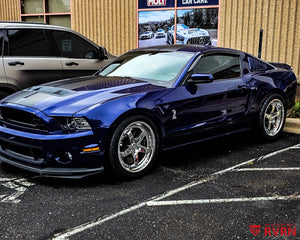 2014 Ford Shelby GT500 on RVRN RV-DF15 mirror chrome 2-piece forged wheels, front three-quarter view.