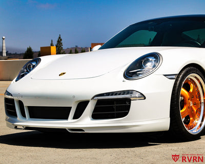 2014 Porsche 911 Carrera 4S on RVRN RV-DP04 forged wheels, wheel close-up showing the brushed barrel and polished lip craftsmanship.