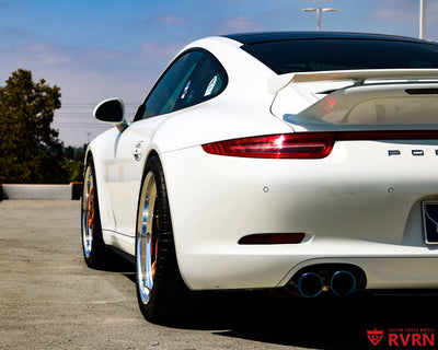 2014 Porsche 911 Carrera 4S on RVRN RV-DP04 custom forged wheels, rear view showing the wide 20x11 rear fitment.