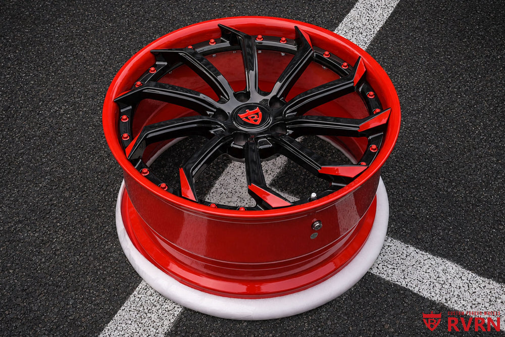 RVRN RV-DC01 Corvette C7 wheels with directional two-piece forged design, red barrel and red and black spokes, 19x8.5 front and 20x10 rear