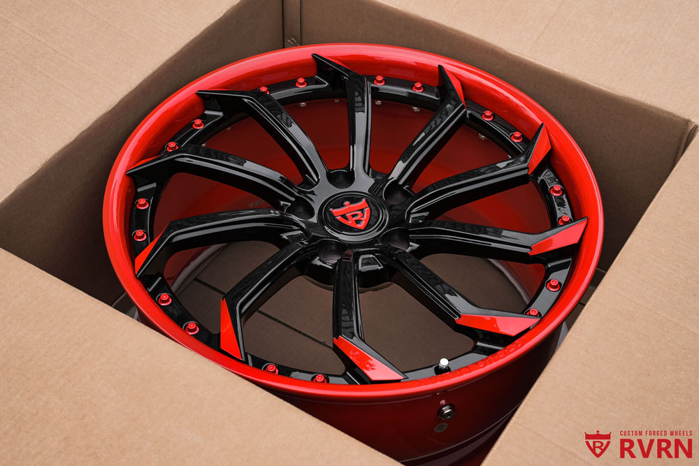 Custom Corvette C7 wheels by RVRN RV-DC01 with red and black spokes, red barrel and directional forged design, 19x8.5 front and 20x10 rear