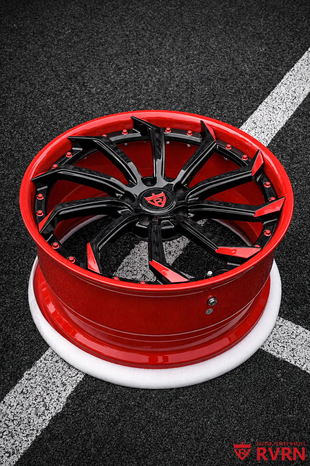 2015 C7 Corvette Stingray on RVRN RV-DC01 custom forged wheels with directional styling, red barrel and red and black spokes, 19x8.5 and 20x10
