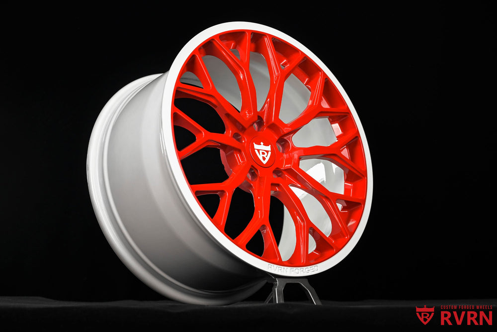 Gloss red wheels for Corvette C7 Stingray with custom forged fitment 18x8.5 +38MM and 19x10 +58MM by RVRN Wheels.