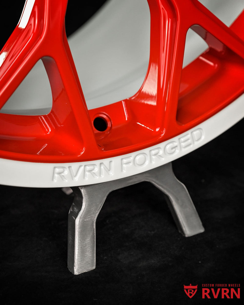 Close-up of gloss red forged wheel spoke finish on RVRN RV-MG122 Corvette C7 Stingray wheels.