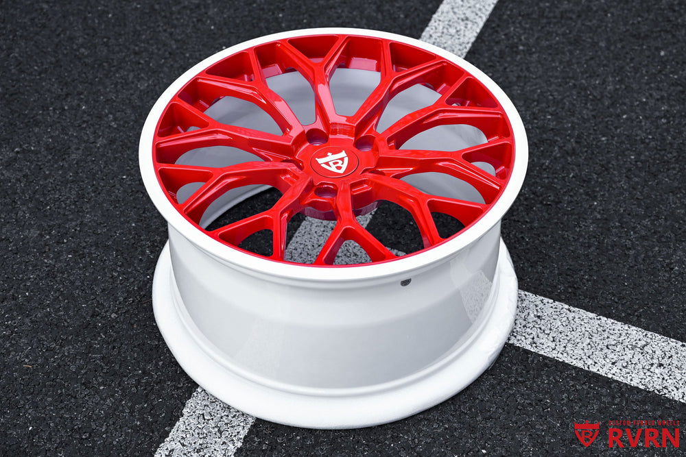RVRN Wheels RV-MG122 Corvette C7 Stingray wheels in gloss red and ivory white finish, custom 1 piece forged wheels sized 18x8.5 front and 19x10 rear for 2015 Corvette C7 Stingray.