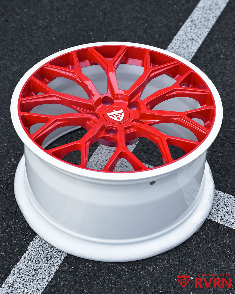 Corvette C7 forged wheels 18x8.5 19x10 in gloss red finish with ivory white barrel by RVRN Wheels, lightweight monoblock forged wheel design.