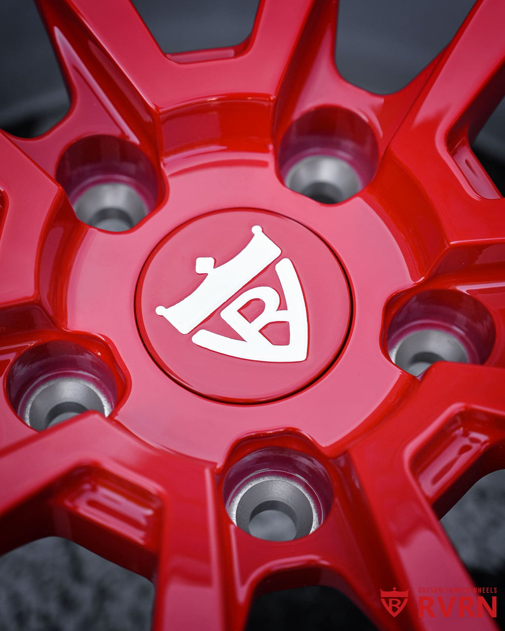 Custom Corvette C7 wheels in red and white featuring lightweight Y spoke forged wheel construction by RVRN Wheels.