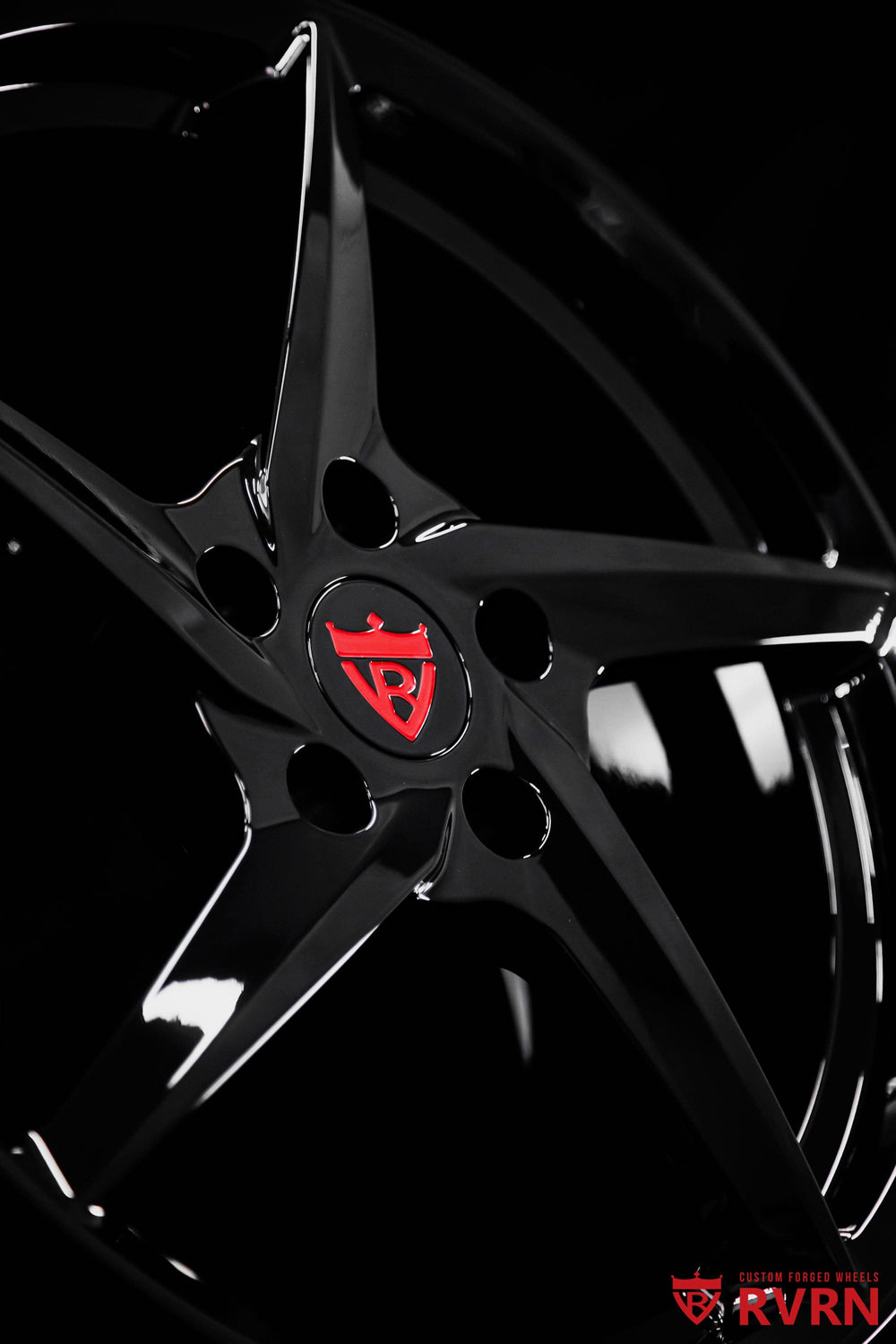 Detailed view of 2015 C7 Corvette wheels with RV-MC35 gloss black spokes, clean 5-spoke styling and premium custom forged wheel craftsmanship.
