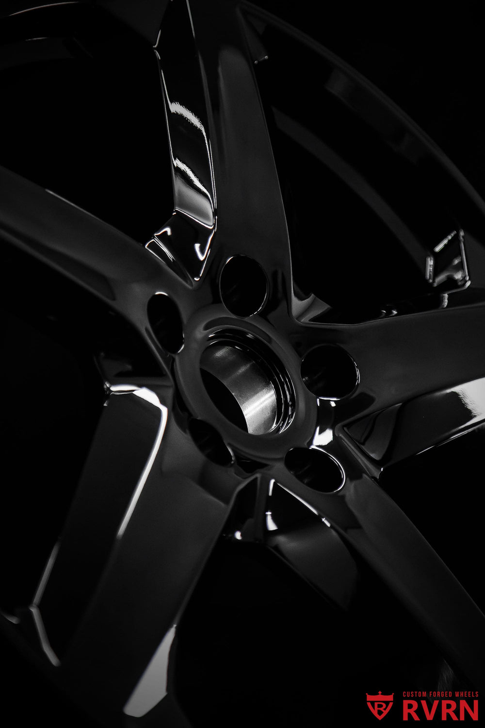 RVRN RV-MT02 custom C7 wheels featuring gloss black spokes and barrel, built as a directional 5-spoke forged wheel
