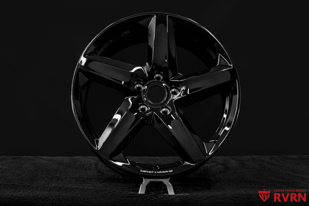 2015 Corvette C7 Stingray Z51 with RVRN RV-MT02 5-spoke forged wheels in gloss black, custom 19x8.5 and 20x10 fitment