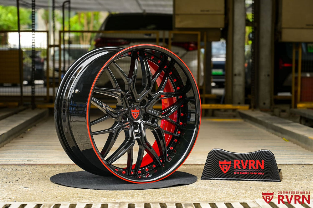 Custom 22x10 gloss black spoke and RVRN red barrel on Hellcat