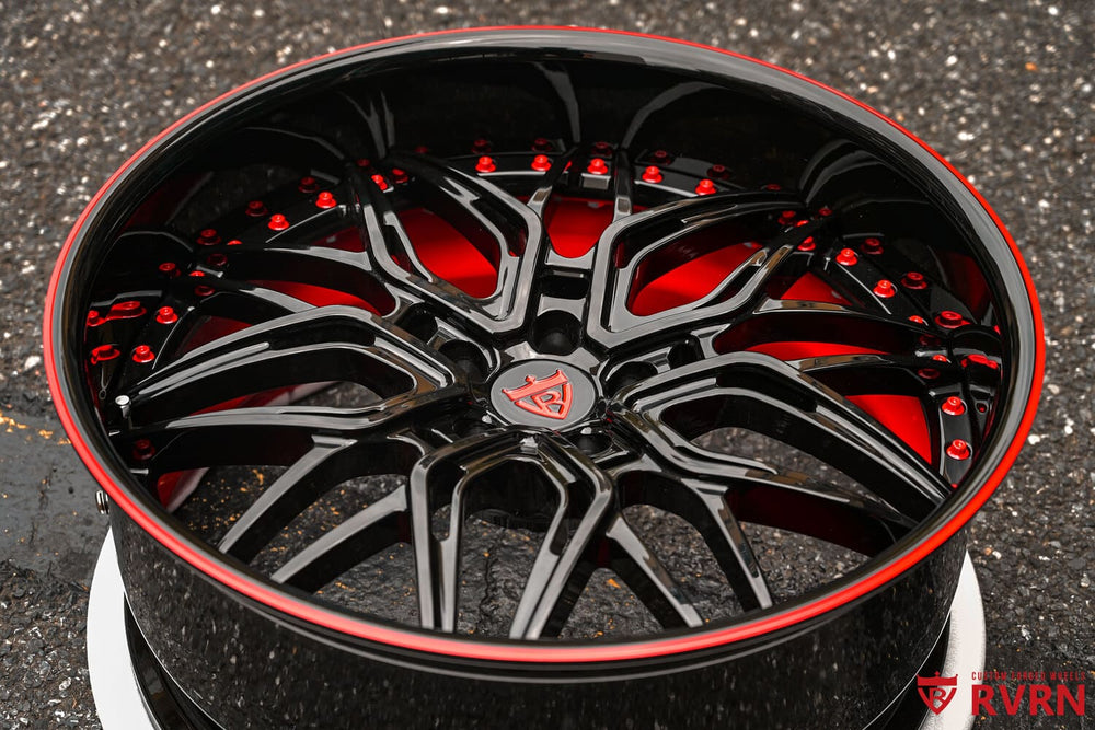Deep dish red and black RV-T081 wheels, angled front view