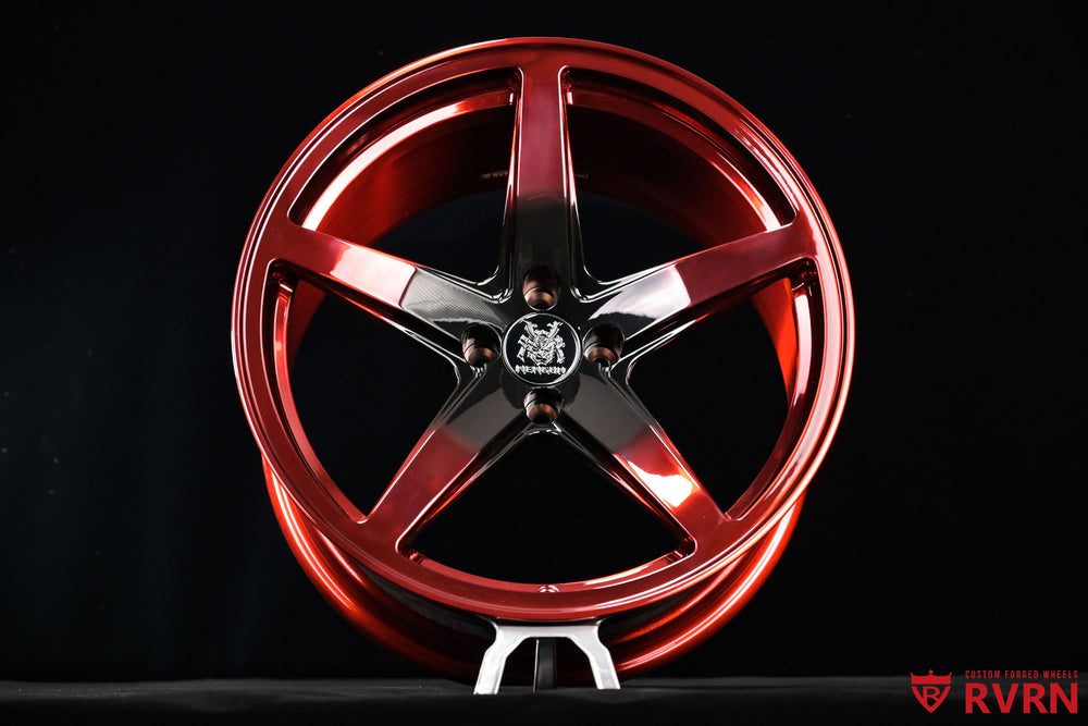 Close-up of the polished red barrel on RVRN RV-MF15 custom forged Honda S660 wheels.